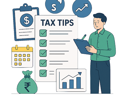Tax tips checklist with calendar, rupee bag and growth chart